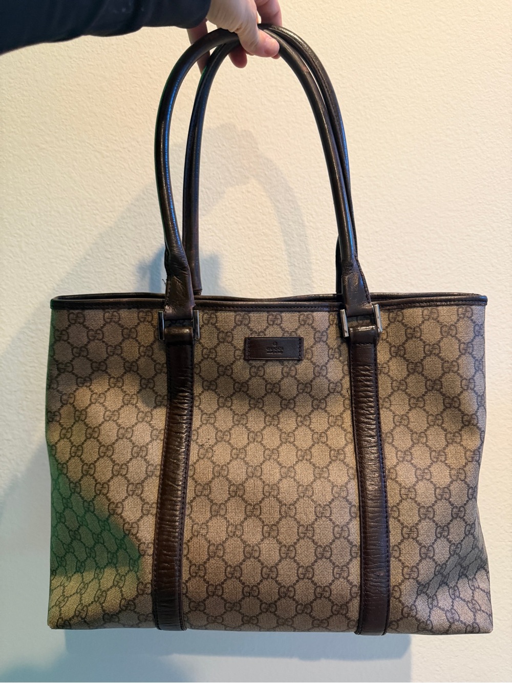 Gucci Brown GG Canvas Tote with Dark Brown Leather Trim